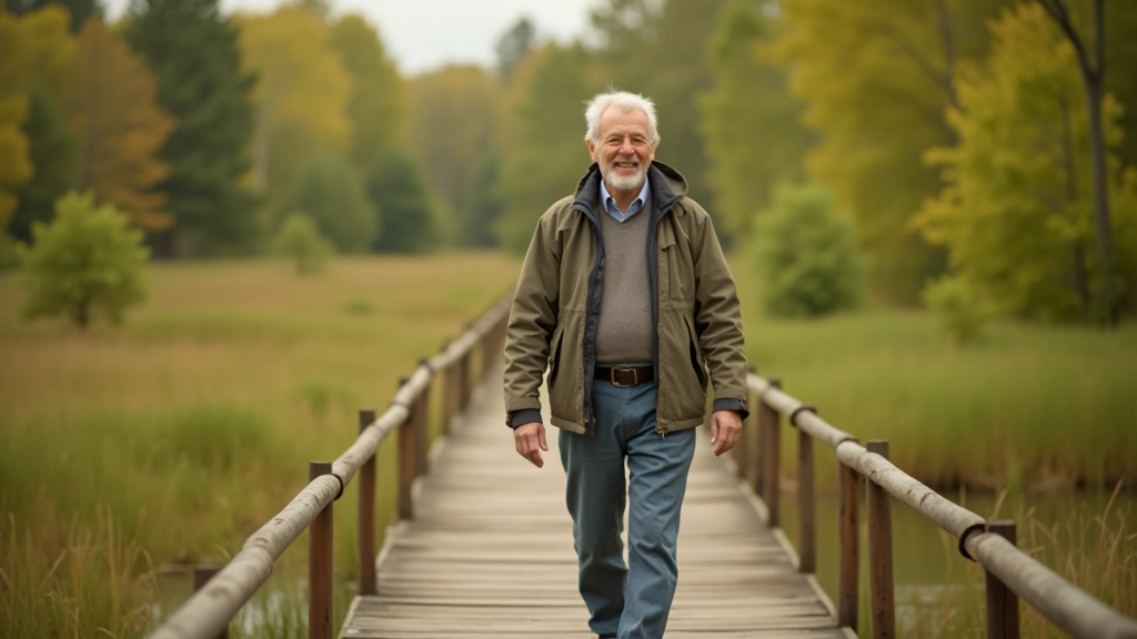 Pensionāri pastaigā pa purvu laipām, smaida un priecājas, dabiskā vidē