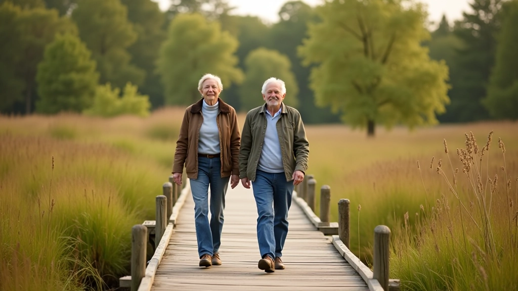 Pensionāri pastaigā pa purvu laipām, smaida un priecājas, dabiskā vidē